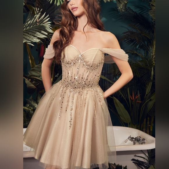Off shoulder short glitter tulle beaded corset style dres - Picture 9 of 11